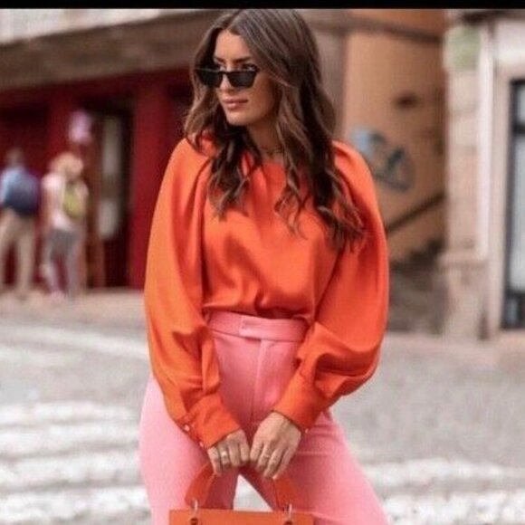 ZARA WOMAN ORANGE SATIN VOLUMINOUS SLEEVE BLOUSE SIZE Small - Picture 4 of 11